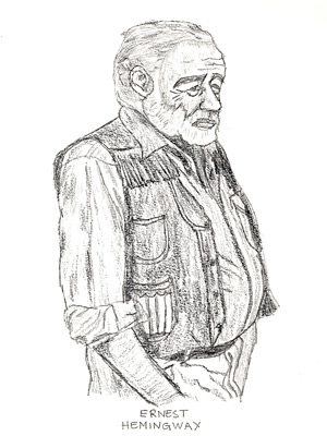 Karikatur, Illustration, Zeichnung, Portraitzeichnung, Bleistift auf Papier, Ernest Hemingway