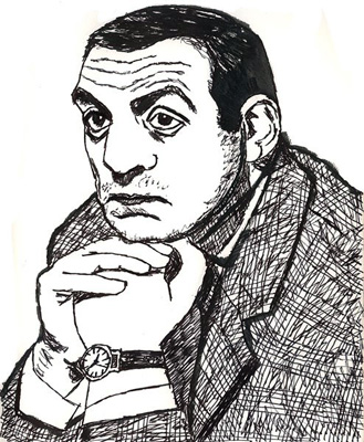 Portraitzeichnung vom französischen Schauspieler Lino Ventura, Tusche auf Papier, Krimi, Held, Film Noir, Film Policier